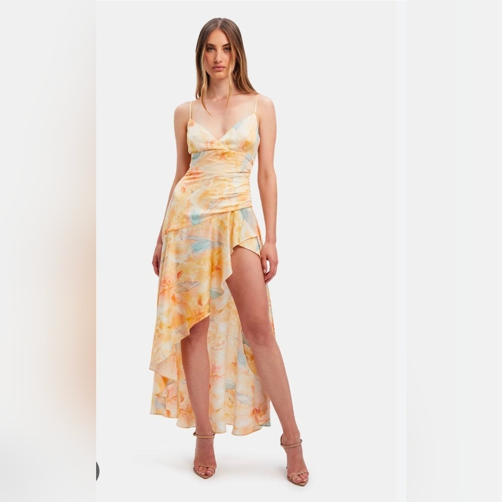 Bardot Revolve Cut Out Floral Frill High Low Dress in Yellow and Blue Size XL - Picture 2 of 7